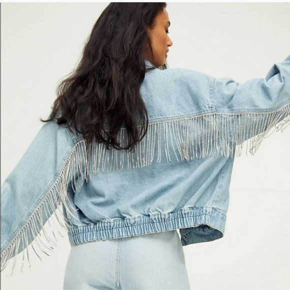 Free People Jackets & Blazers - Free People Rhinestone Fringe Light Wash Denim Jean Bomber Jacket Size Small